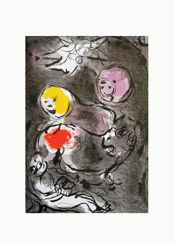 Page avec une lithographie de Chagall sur fond blanc. La planche gravée à l'eau forte est dans les tons gris à l'exception de trois touchent de couleurs vives. 