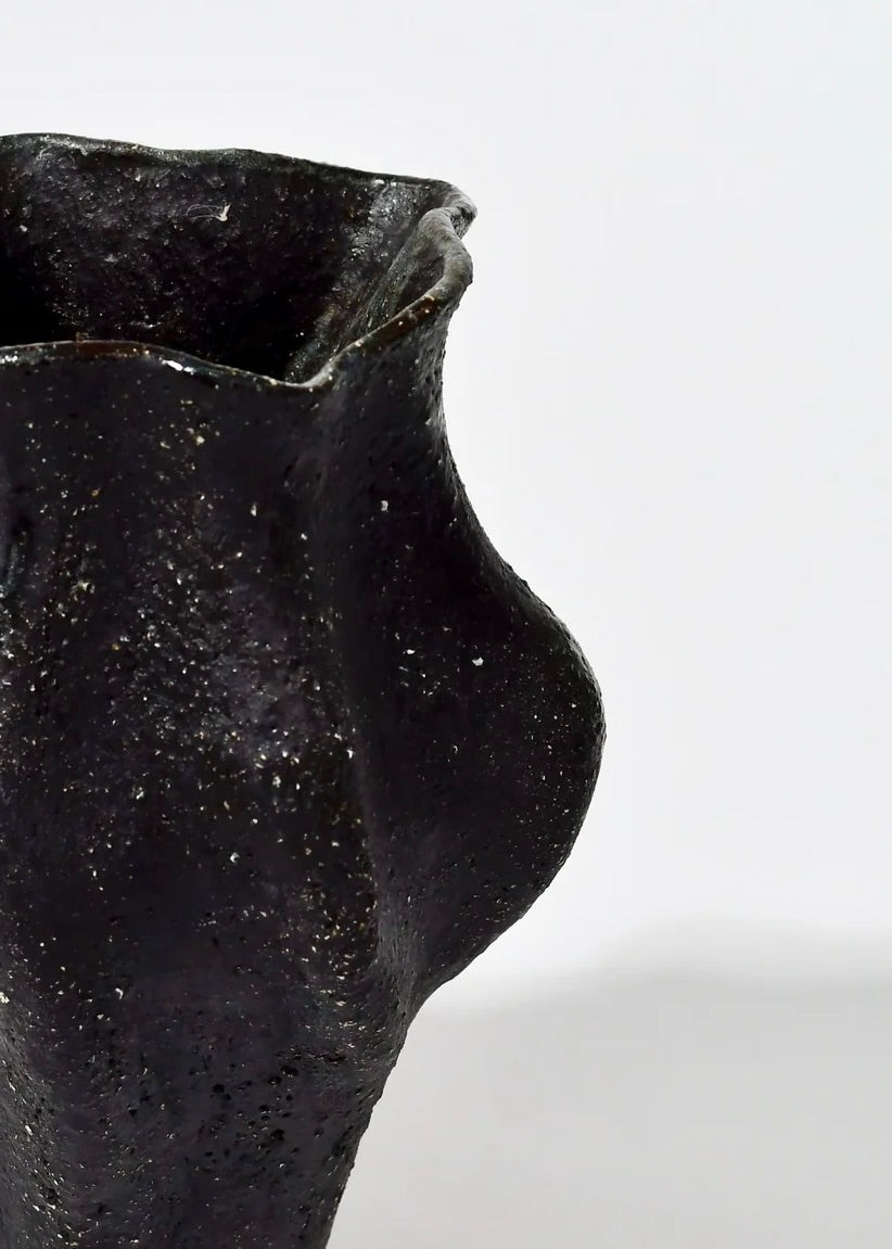 Un vase en grès noir sculptural, aux formes audacieuses et à la surface texturée, qui ajoute une touche d'élégance et de modernité à tout intérieur.