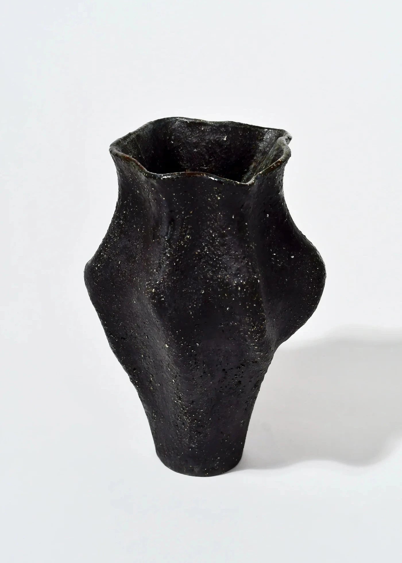 Vase en grès noir avec une forme organique unique, présentant des courbes accentuées et une surface texturée, idéal comme élément décoratif dans un intérieur moderne.